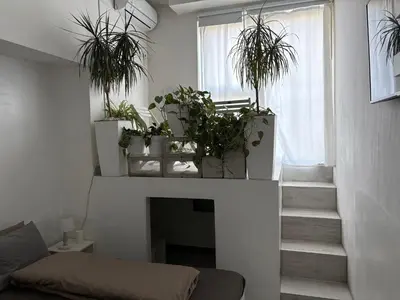 a living room with potted plants on top of a fireplace at INDUSTRIAL STUDIO 1 in Ljubljana