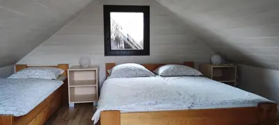 a bedroom with two twin beds and a window at Hiška Čatež in Brežice