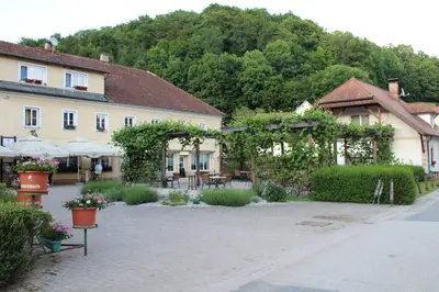 a building with a courtyard with flowers and plants at Sleeping in Village in Svečina