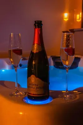a bottle of wine sitting on a table with two glasses at Hiša Bohinc z wellnessom in Tolmin
