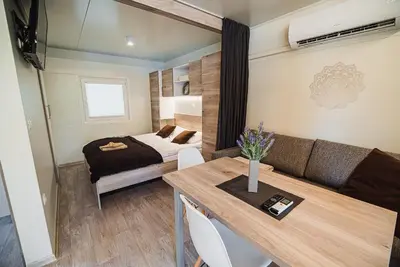 a room with a bed and a table and a couch at Premium Mobile Tree House with Thermal Riviera Tickets in Čatež ob Savi