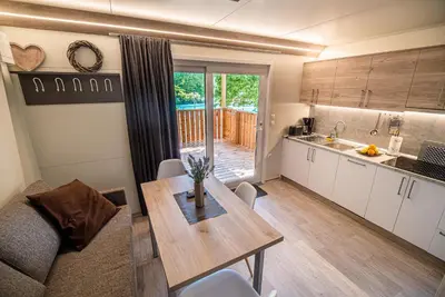 a kitchen and living room with a table and a couch at Premium Mobile Tree House with Thermal Riviera Tickets in Čatež ob Savi
