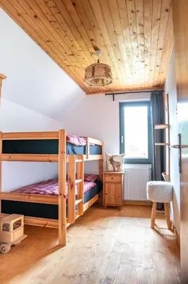 a bedroom with two bunk beds and a window at Hiša Lojz in Žaga