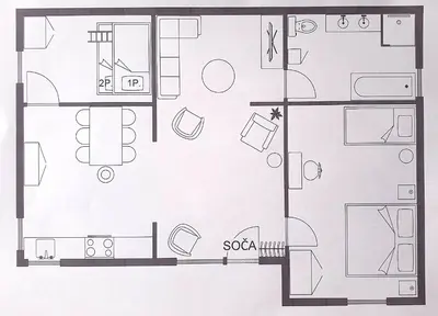 a black and white floor plan of a house at Hiša Lojz in Žaga