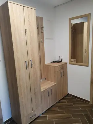 a bathroom with wooden cabinets and a mirror at Apartma Ribnica na Pohorju in Ribnica na Pohorju