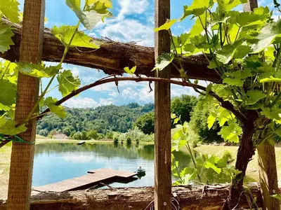 a view of a lake from a wooden window at Zelena Oaza in Zgornja Kungota