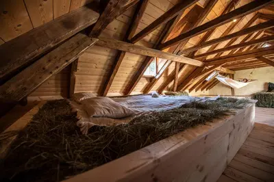 a bed in a attic with hay on it at MEŽNARIJA Radovljica in Radovljica