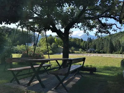 a picnic table and a swing under a tree at Apartmaji Preželj in Bohinj