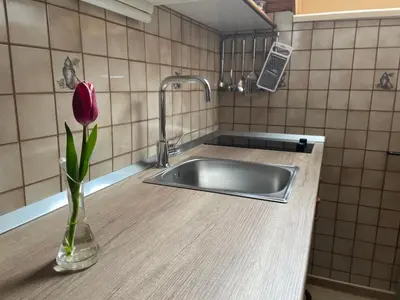 a vase with a flower in it on a kitchen counter at Apartmaji Preželj in Bohinj