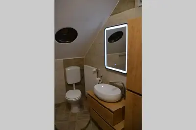 a bathroom with a sink and a toilet and a mirror at Villam Apartment in Maribor