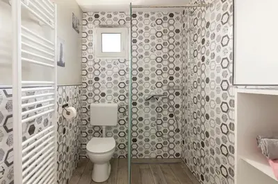 a bathroom with a toilet and a glass shower at Pod Koblo Bohinj Apartments in Bohinj