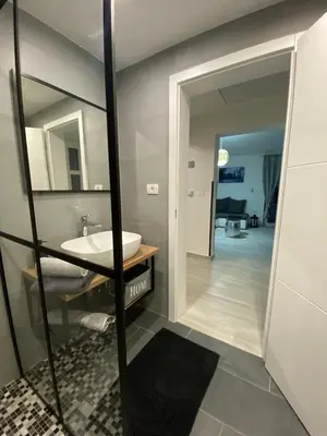 a bathroom with a sink and a mirror at Apartma Mija-Dekani in Dekani