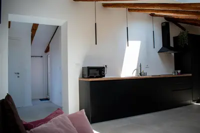a kitchen with a counter with a microwave and a sink at Apartmaji na placu in Renče