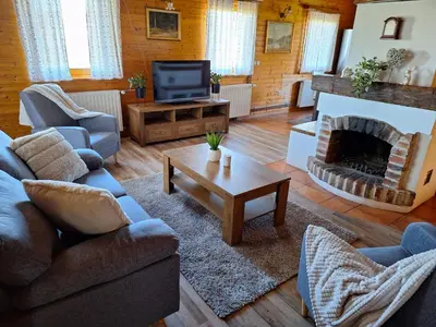 a living room with a couch and a fireplace at Logarska koča in Fokovci