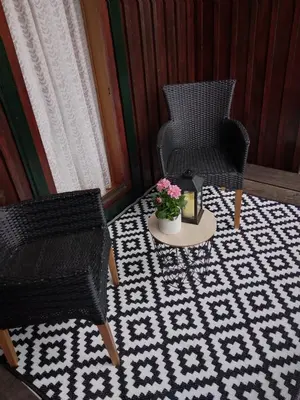 a living room with two chairs and a table with a plant at Logarska koča in Fokovci