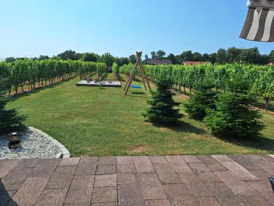a garden with a bunch of trees in a field at Logarska koča in Fokovci