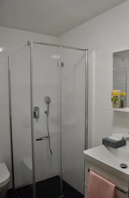 a bathroom with a shower and a sink at Appartment Pri Nacu in Bled