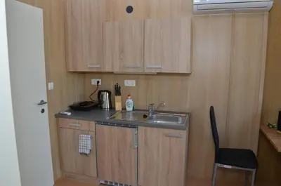 a kitchen with a sink and a counter top at Počitniške hiške Murania in Trimlini