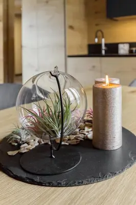 a candle and a plant in a glass jar on a table at Hiša Križaj in Bohinj
