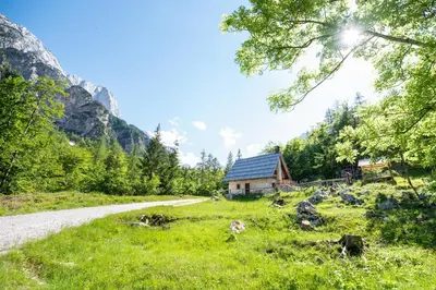 a house in the mountains next to a road at Mountain heart holiday house in Trenta