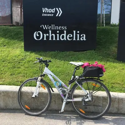 a bike parked on a curb next to a sign at Hiška Marjetica in Podčetrtek