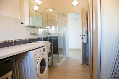 a bathroom with a washing machine and a glass shower at Villa Lavanda in Kriz Sezana with private swimpool in Sežana