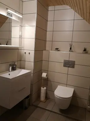 a bathroom with a toilet and a sink at Apartments Gaby in Gozd Martuljek
