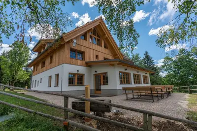 a house with a wooden roof at Planinska koča na Uskovnici in Srednja Vas v Bohinju