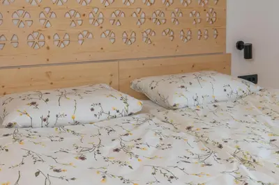 a bed with two pillows sitting next to each other at Planinska koča na Uskovnici in Srednja Vas v Bohinju