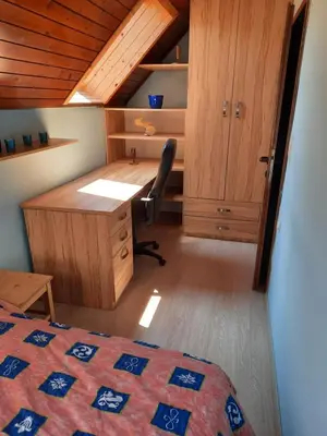 a bedroom with a desk and a chair in a room at Apartma in sobe Tanja in Podbrdo