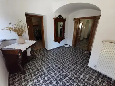 a hallway with a table and a vase on the floor at Charming village house with patio and garden in Slovenske Konjice