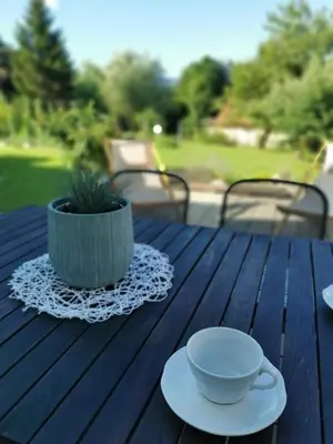 a wooden table with a cup and a pot on it at Charming village house with patio and garden in Slovenske Konjice