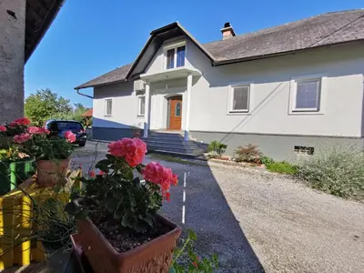 a white house with flowers in front of it at Charming village house with patio and garden in Slovenske Konjice