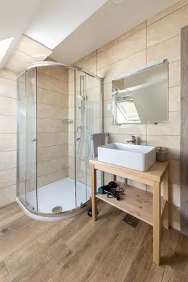 a bathroom with a sink and a shower at Apartmaji Rupnik in Bohinjska Bistrica