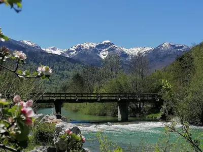 a bridge over a river with snow covered mountains at Apartma in sobe PR'OBJAN in Bohinj