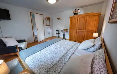 a bedroom with a large bed and a couch at Apartma in sobe PR'OBJAN in Bohinj