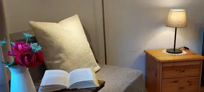 a book on a chair with a pillow and a lamp at Apartma in sobe PR'OBJAN in Bohinj