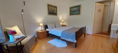 a small bedroom with a bed and a couch at Apartma in sobe PR'OBJAN in Bohinj