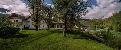 a house on a grassy yard with a river and trees at Apartma in sobe PR'OBJAN in Bohinj