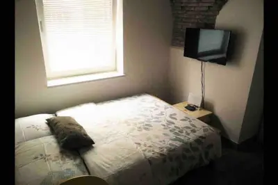 a bedroom with a bed and a window and a television at OLD TOWN 14 in Ljubljana