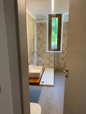 a bathroom with a sink and a glass shower at Apartment Nona Polda in Kobarid