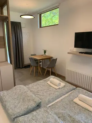 a room with a bed and a table and a television at Apartment Nona Polda in Kobarid