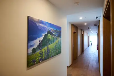 a painting hanging on a wall in a hallway at Hiša Ančka, Šenčur - 3 min to the Airport in Kranj