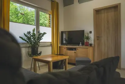 a living room with a couch and a tv and a table at Apartments Radulje Bovec in Bovec