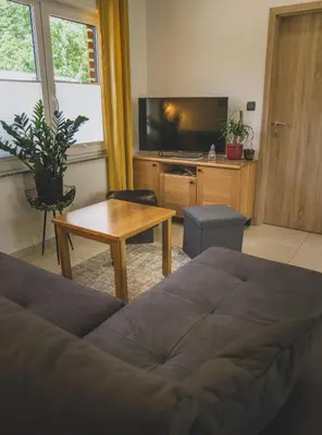a living room with a bed and a table and a tv at Apartments Radulje Bovec in Bovec