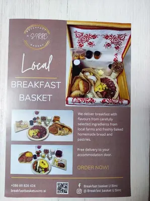 a flyer for a local breakfast basket with food at APARTMA VESTER - Large 3-Bedroom Near Bled in Bled