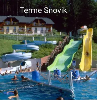 a group of people in a swimming pool with a water slide at Lexi Zen House in Kamnik
