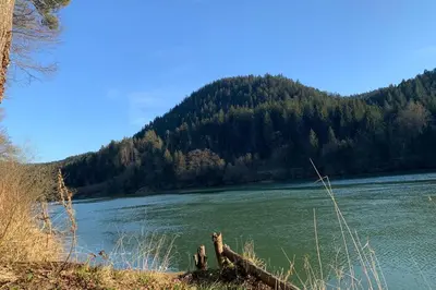 a view of a river with a mountain in the background at Grandma's House in Radlje ob Dravi