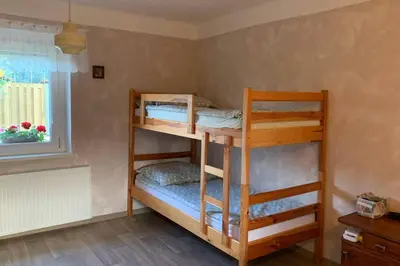 two bunk beds in a room with a window at Grandma's House in Radlje ob Dravi