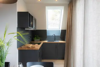 a kitchen with black cabinets and a sink and a window at House Troha - Rooms & Apartments in Bled